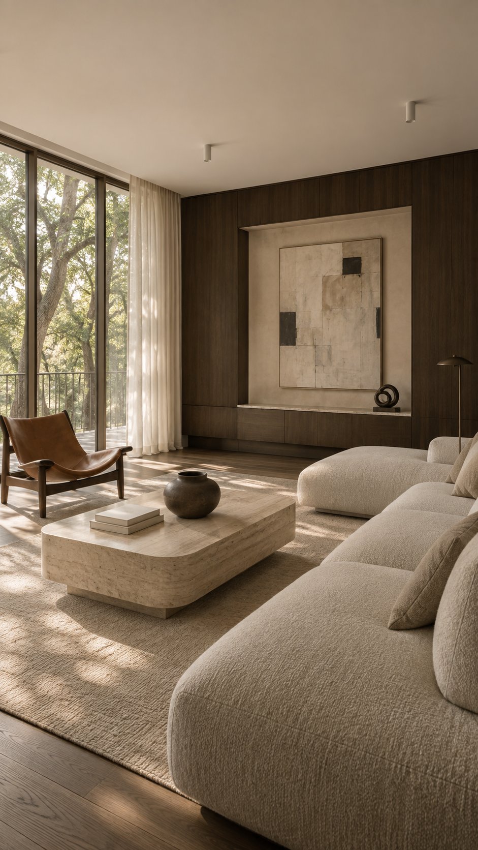 Rendering 3D: soggiorno contemporaneo con divano avorio, falegnameria in noce e pietra naturale