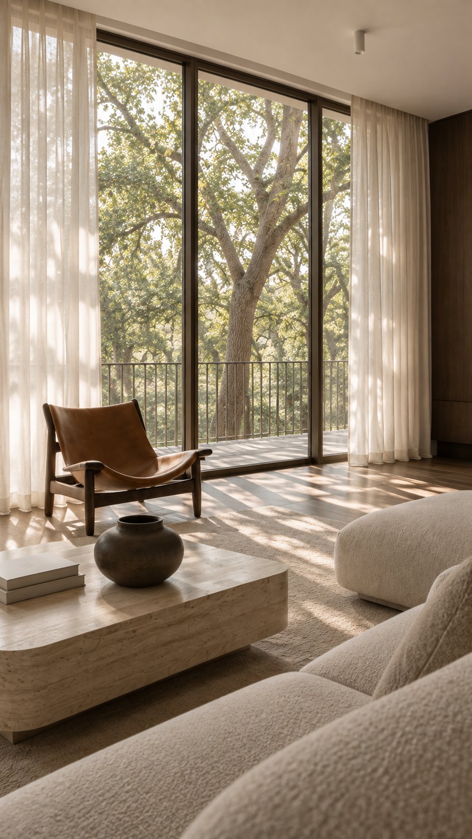 Rendering di interni: luce naturale filtrata da tende in lino e alberi maturi
