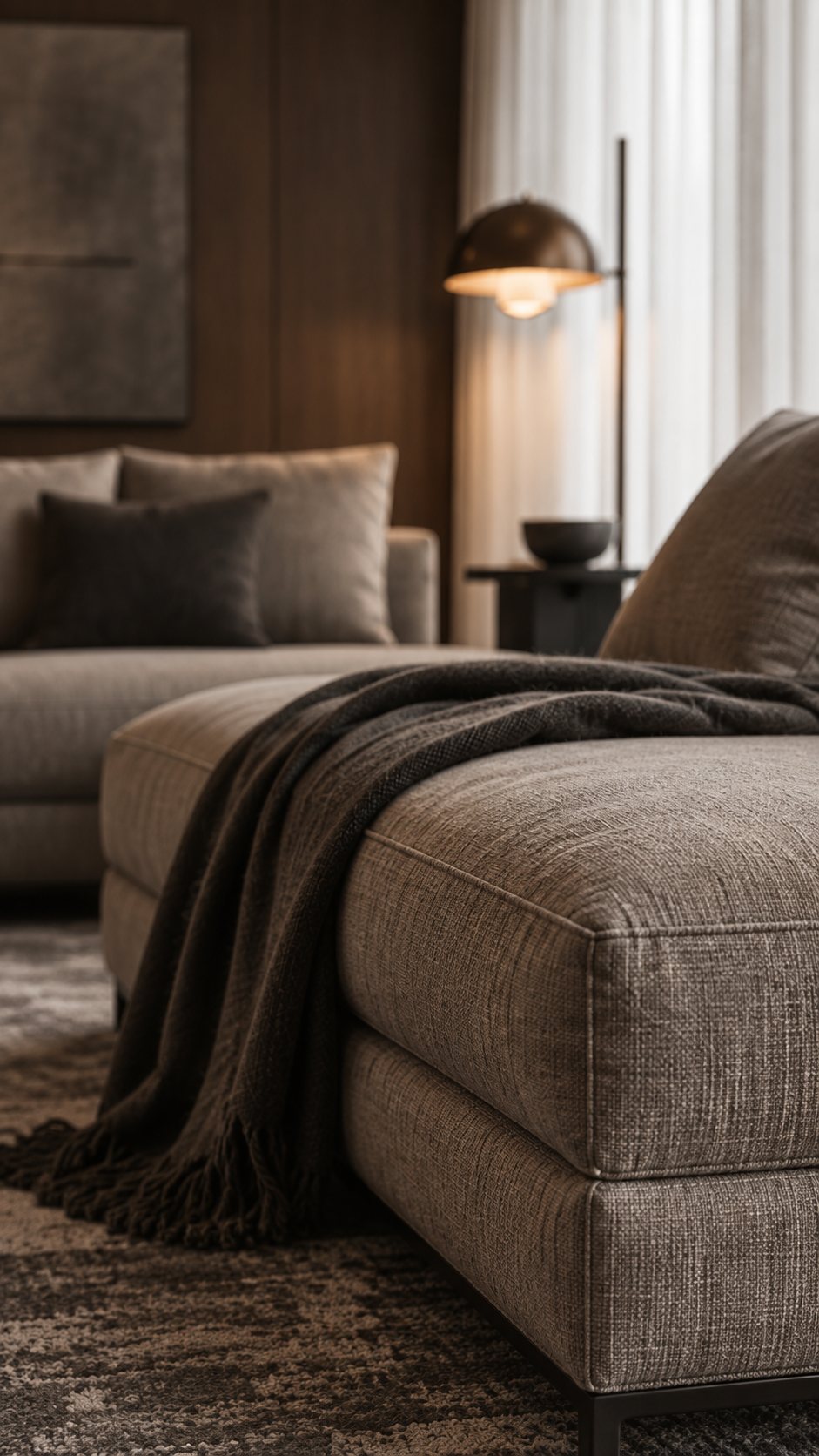 Rendering di interni: dettaglio di travertino, ceramica artigianale e rivestimento tessile