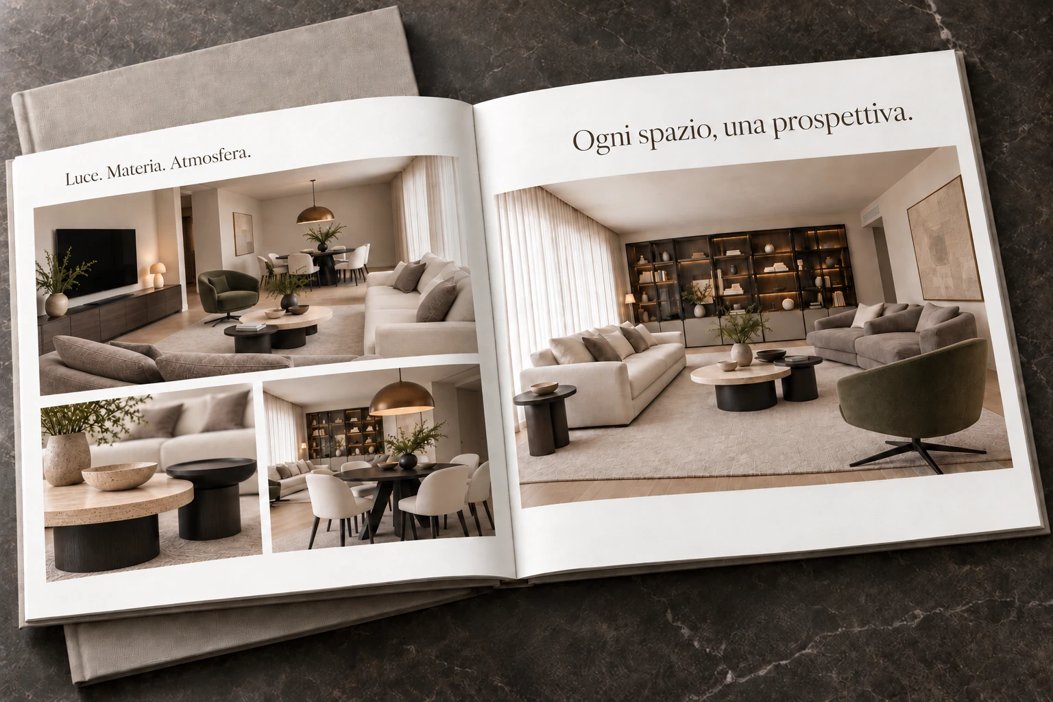 Catalogo immobiliare aperto con quattro immagini di interni in una composizione editoriale