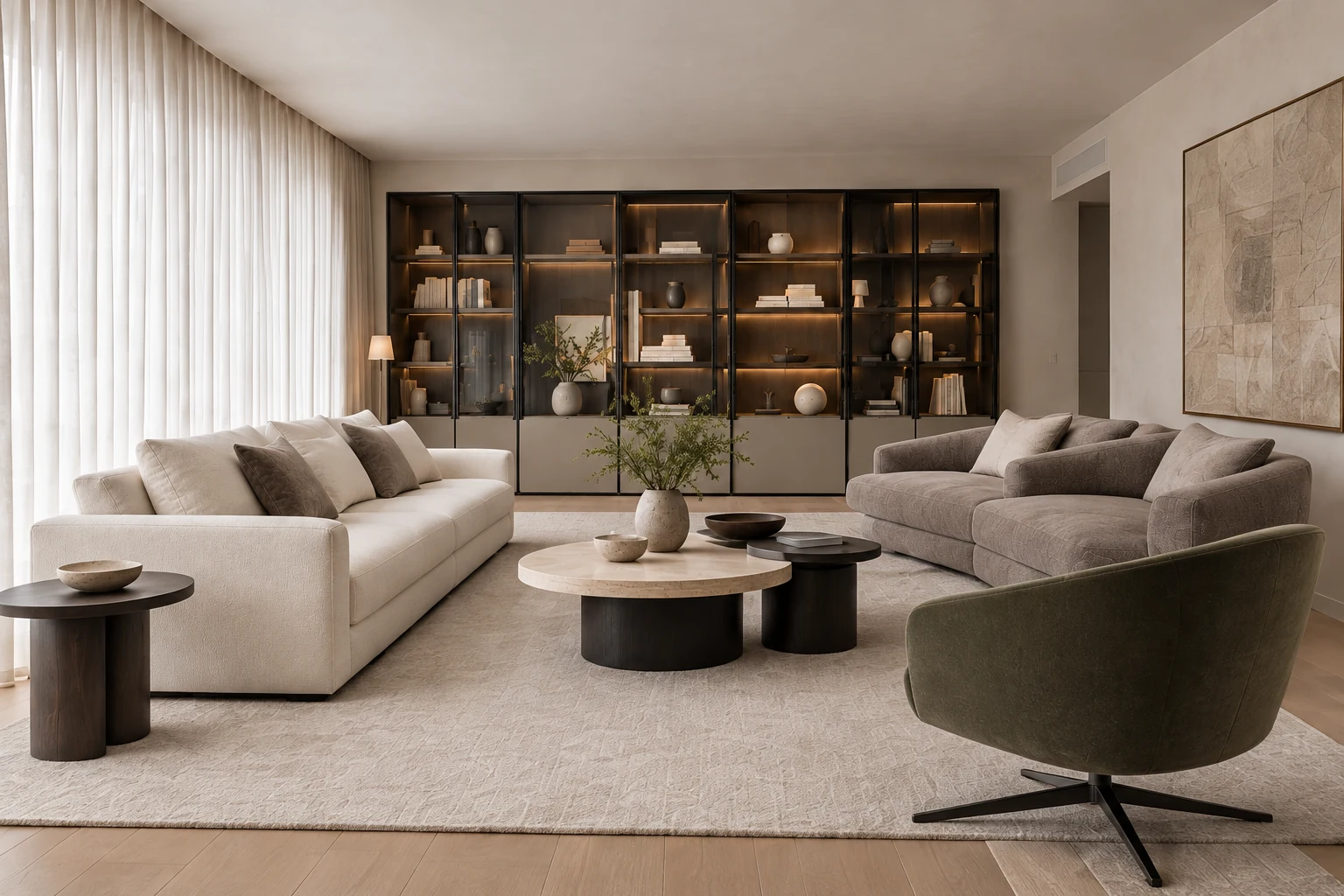 Rendering immobiliare di soggiorno con divani contrapposti e libreria retroilluminata